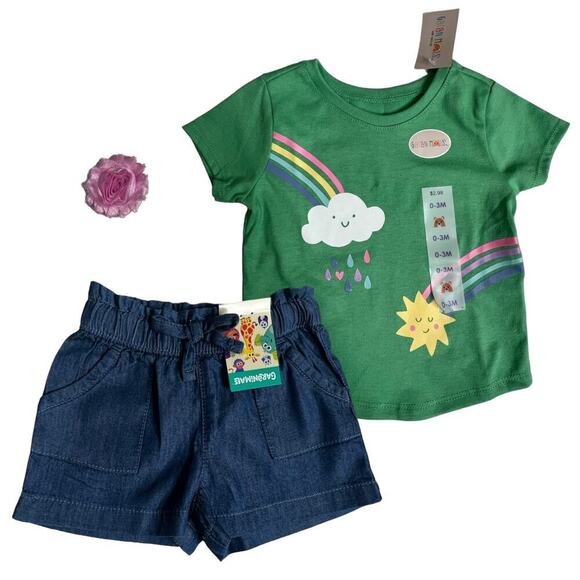 Garanimals Size 0 - 3 Months Baby Girls 2pcs Denim shorts shirt Rainbow Sun Set - Picture 1 of 10